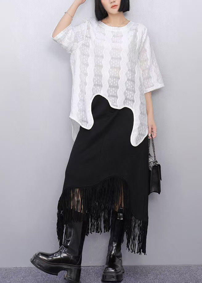 Casual White Asymmetrical Hollow Out Cotton Tops Summer