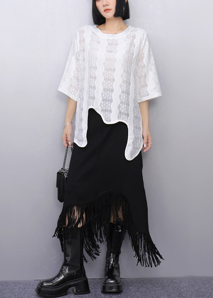 Casual White Asymmetrical Hollow Out Cotton Tops Summer