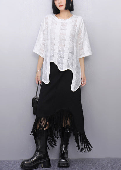 Casual White Asymmetrical Hollow Out Cotton Tops Summer