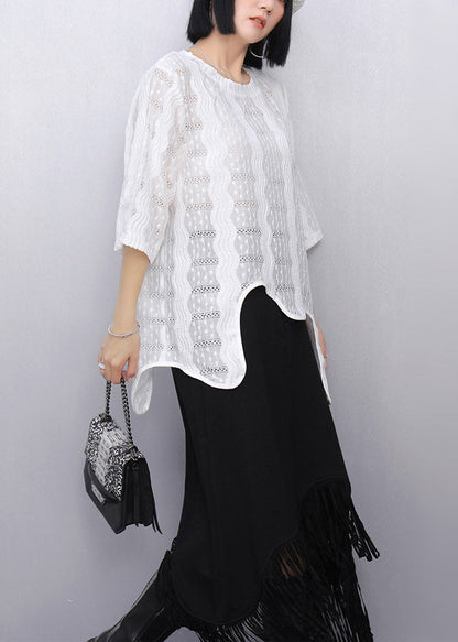Casual White Asymmetrical Hollow Out Cotton Tops Summer