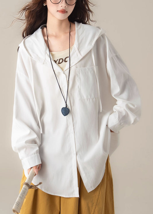 Casual White Button Pockets Solid Oversized Cotton Shirts
