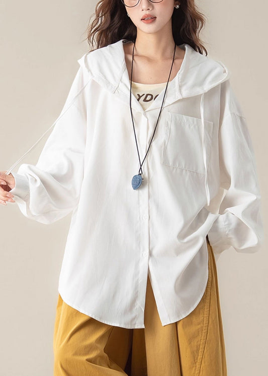 Casual White Button Pockets Solid Oversized Cotton Shirts