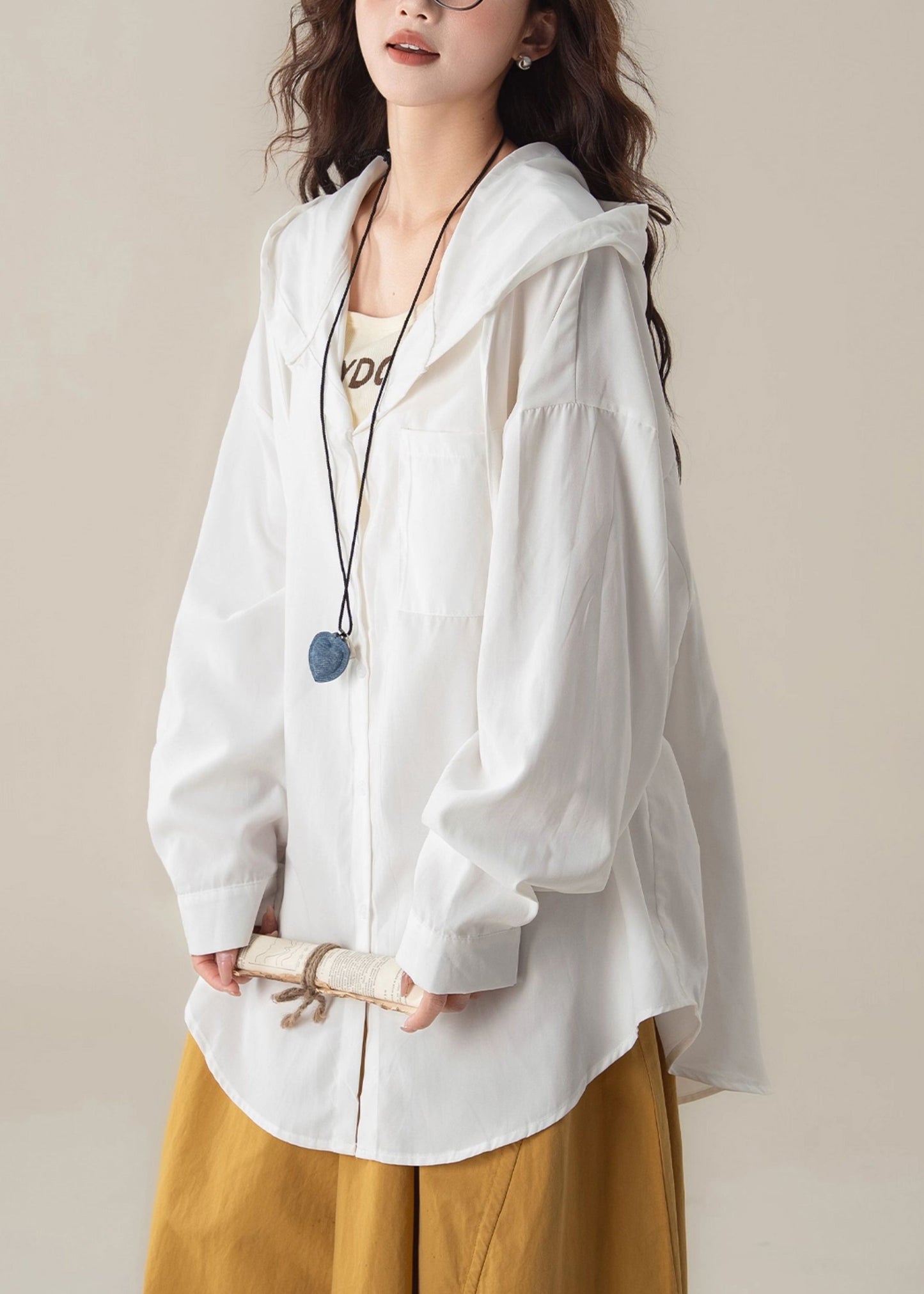 Casual White Button Pockets Solid Oversized Cotton Shirts