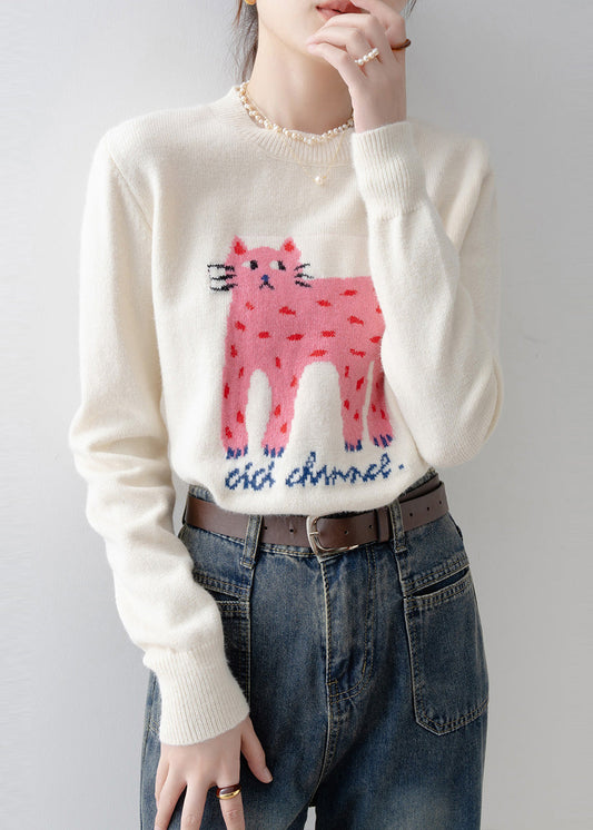 Casual White Cat Jacquard Thick Sweater Tops Winter