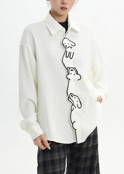 Camisa informal de algodón blanca con bonito perrito bordado para primavera