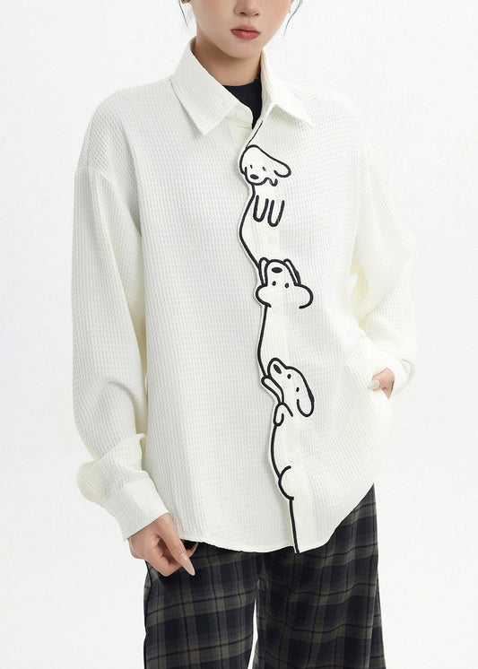 Camisa informal de algodón blanca con bonito perrito bordado para primavera