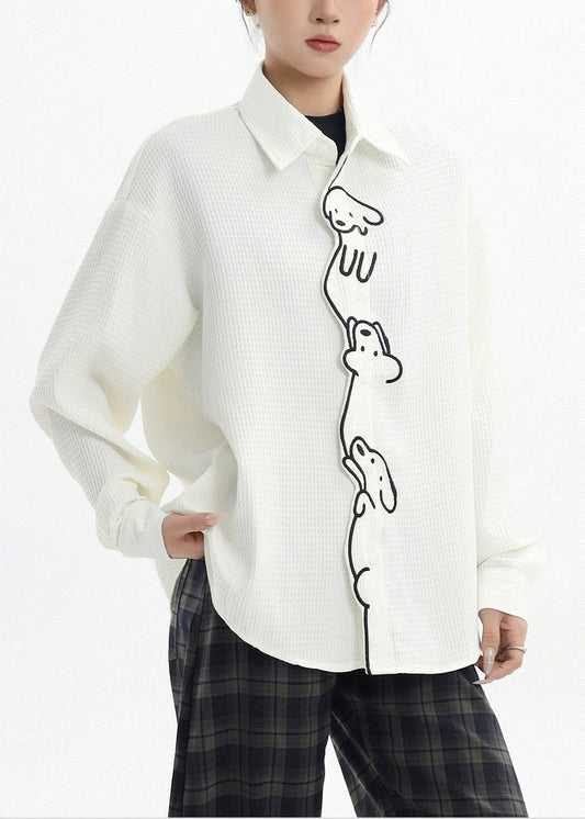 Camisa informal de algodón blanca con bonito perrito bordado para primavera