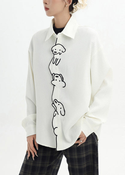 Camisa informal de algodón blanca con bonito perrito bordado para primavera