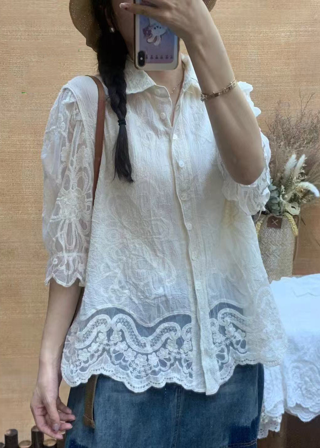 Casual White Embroidered Cotton Top Half Sleeve