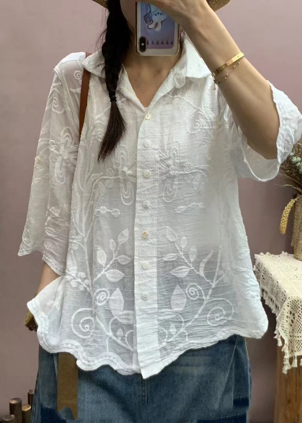 Casual White Embroidered Cotton Top Half Sleeve