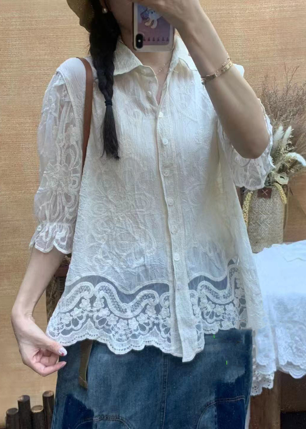 Casual White Embroidered Cotton Top Half Sleeve