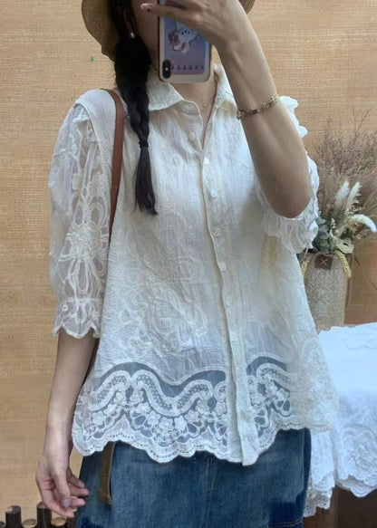 Casual White Embroidered Cotton Top Half Sleeve