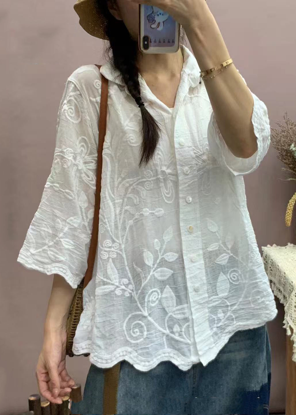 Casual White Embroidered Cotton Top Half Sleeve