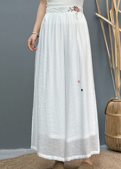 Casual White Embroidered Side Open Linen Wide Leg Pants Summer