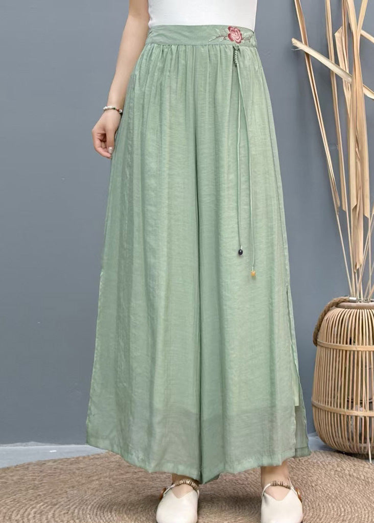 Casual White Embroidered Side Open Linen Wide Leg Pants Summer