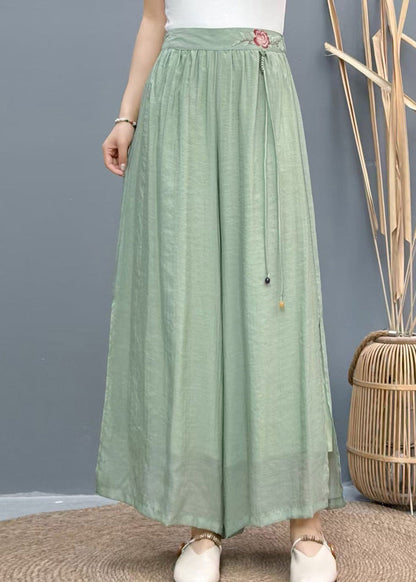 Casual White Embroidered Side Open Linen Wide Leg Pants Summer