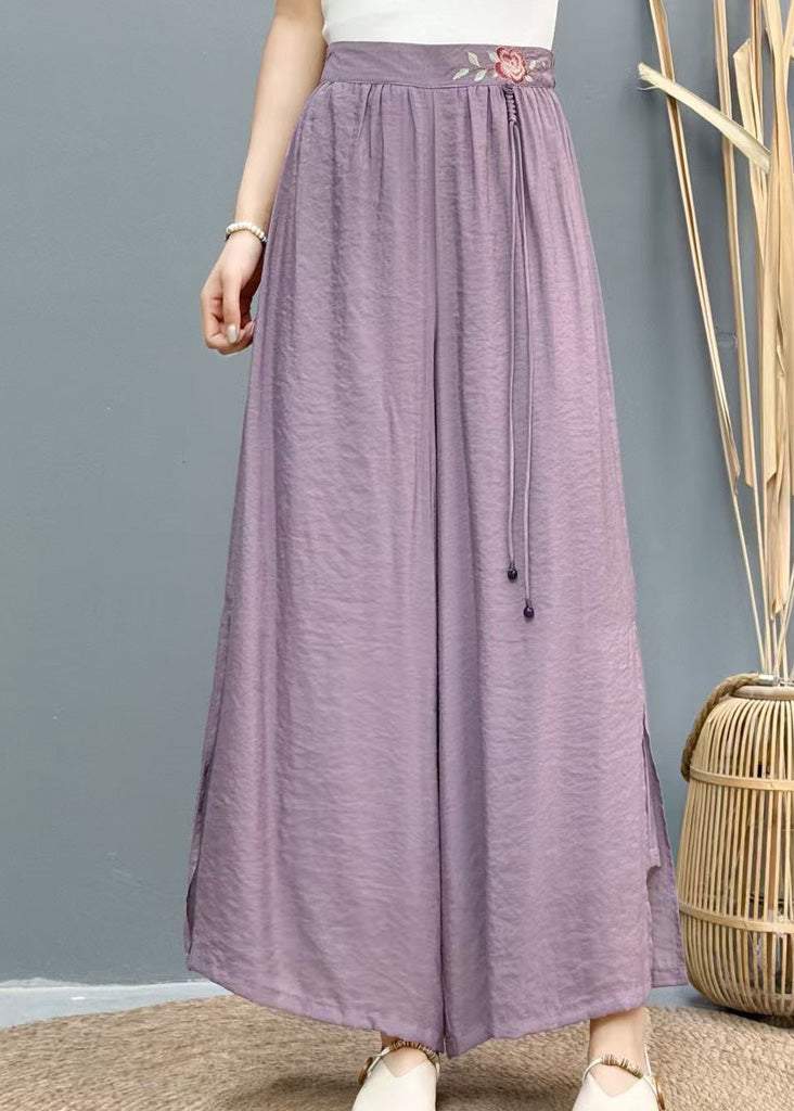 Casual White Embroidered Side Open Linen Wide Leg Pants Summer