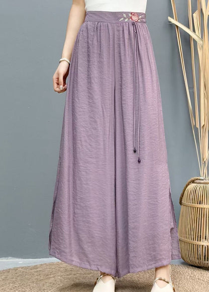 Casual White Embroidered Side Open Linen Wide Leg Pants Summer