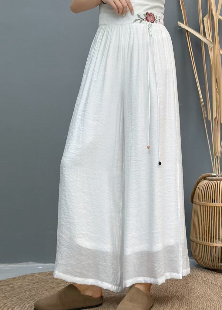 Casual White Embroidered Side Open Linen Wide Leg Pants Summer
