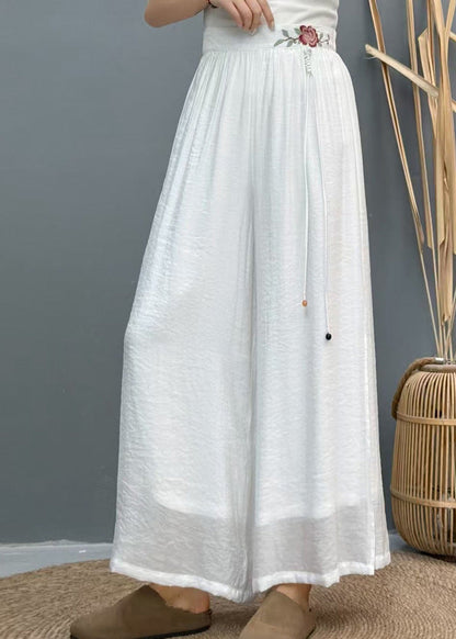 Casual White Embroidered Side Open Linen Wide Leg Pants Summer