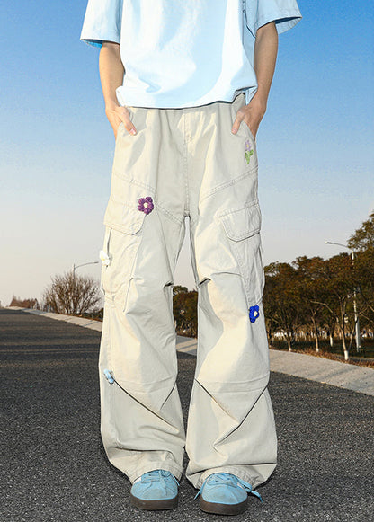 Casual White Embroideried Pockets Cotton Mens Pants Summer