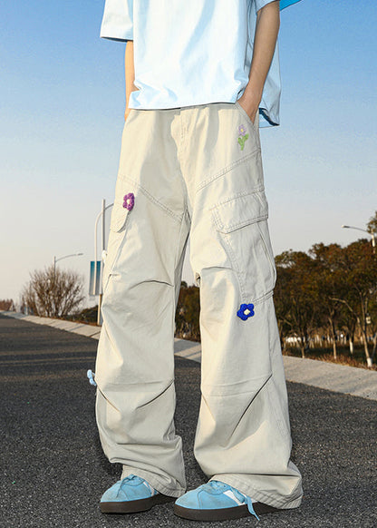 Casual White Embroideried Pockets Cotton Mens Pants Summer