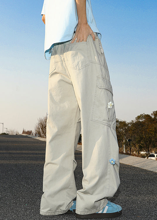 Casual White Embroideried Pockets Cotton Mens Pants Summer