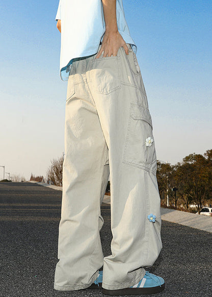 Casual White Embroideried Pockets Cotton Mens Pants Summer