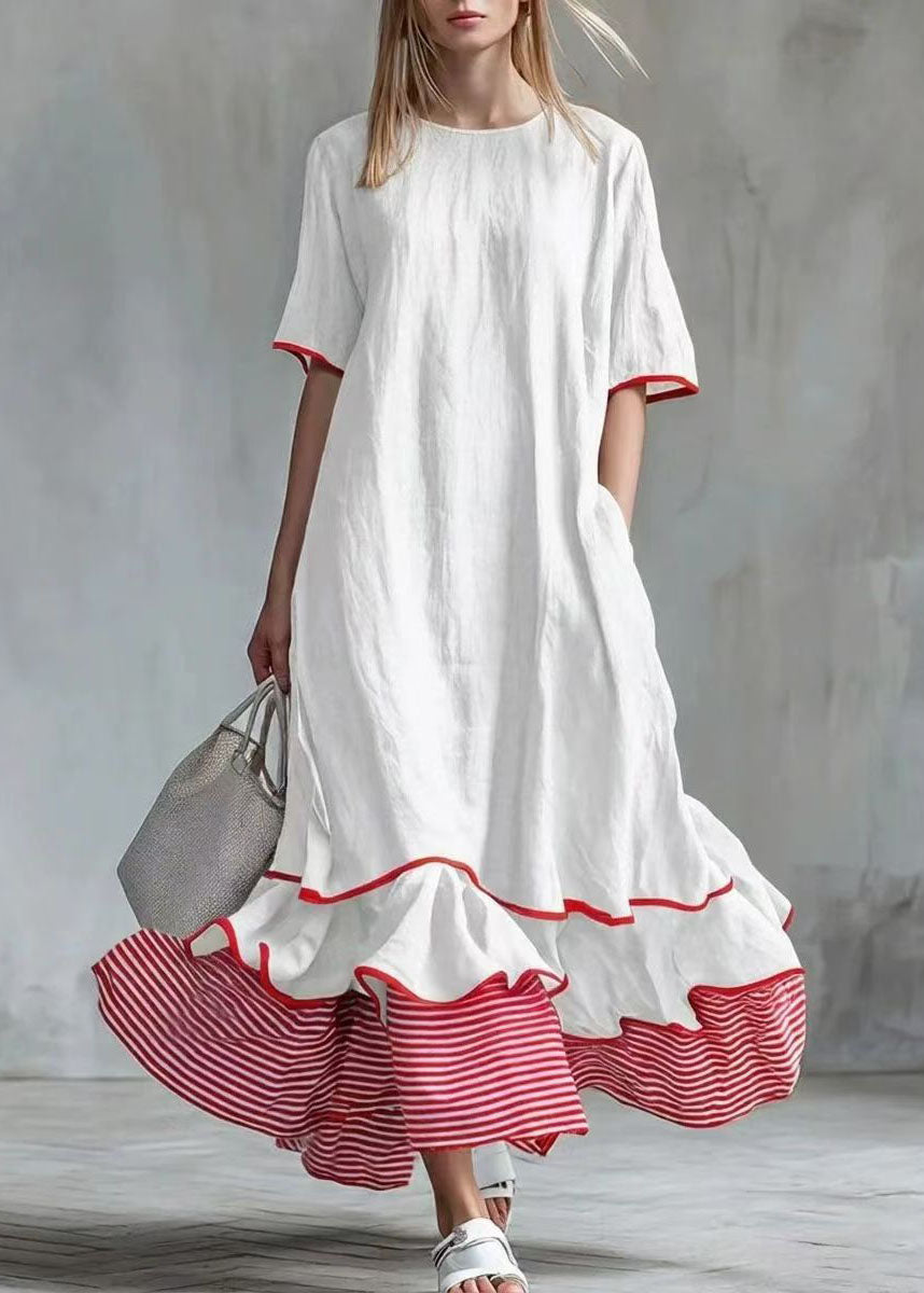 Casual White Exra Large Hem Patchwork Striped Maxi Dresses Short Sleeve