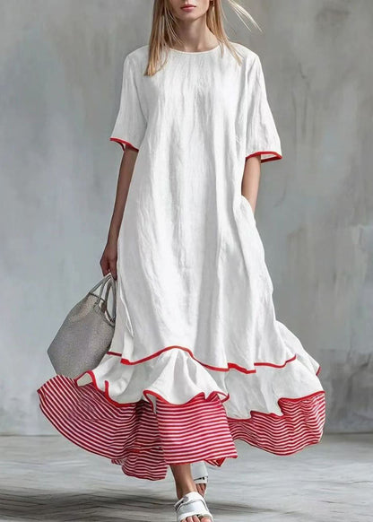 Casual White Exra Large Hem Patchwork Striped Maxi Dresses Short Sleeve
