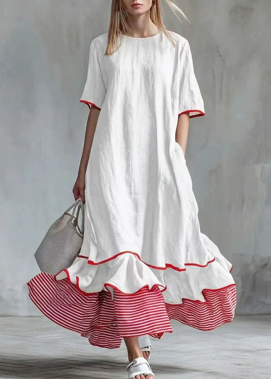 Casual White Exra Large Hem Patchwork Striped Maxi Dresses Short Sleeve