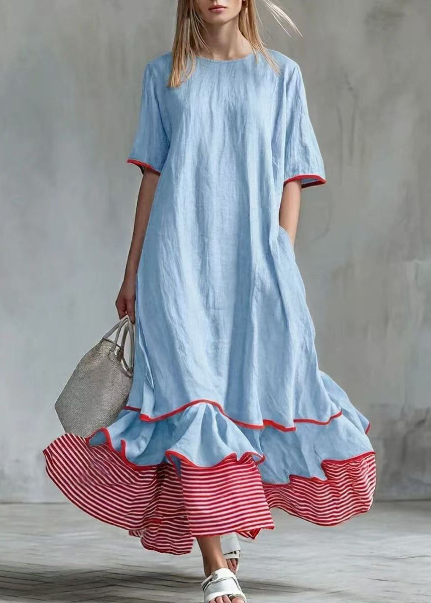 Casual White Exra Large Hem Patchwork Striped Maxi Dresses Short Sleeve