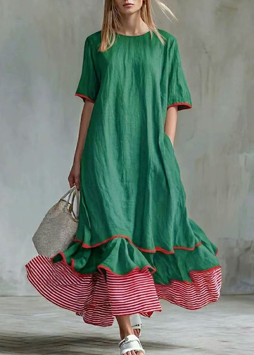 Casual White Exra Large Hem Patchwork Striped Maxi Dresses Short Sleeve