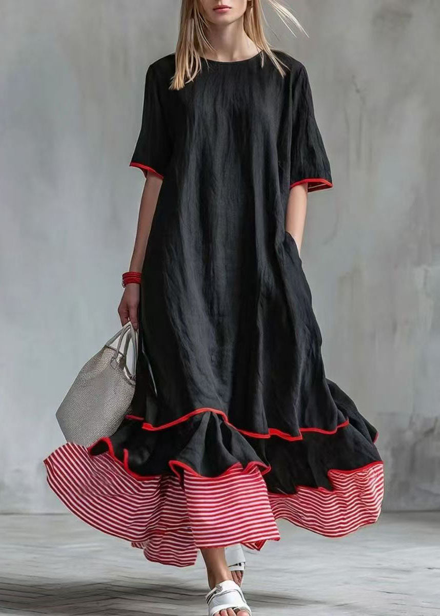 Casual White Exra Large Hem Patchwork Striped Maxi Dresses Short Sleeve