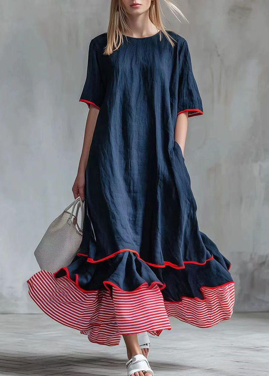 Casual White Exra Large Hem Patchwork Striped Maxi Dresses Short Sleeve