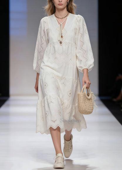 Casual White Hollow Out Tie Neck Cotton Long Dresses Spring