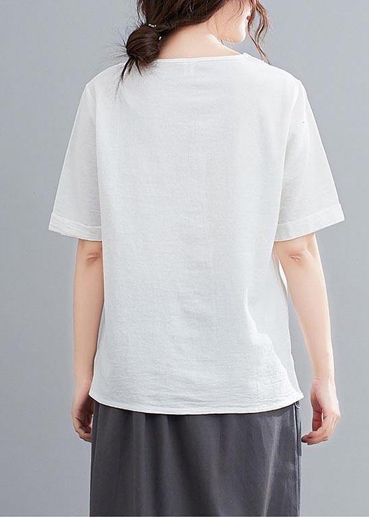 Casual White O-Neck Button Shirt Tops Summer Cotton Linen - SooLinen