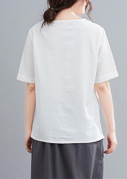 Casual White O-Neck Button Shirt Tops Summer Cotton Linen - SooLinen