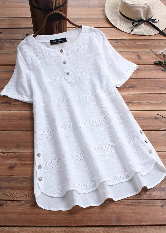 Casual White O Neck Embroidered Patchwork Cotton Top Summer