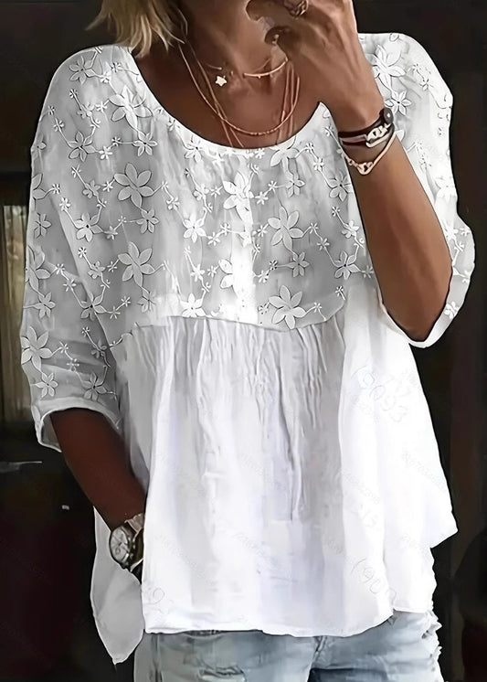 Casual White O Neck Floral Patchwork Cotton Top Summer