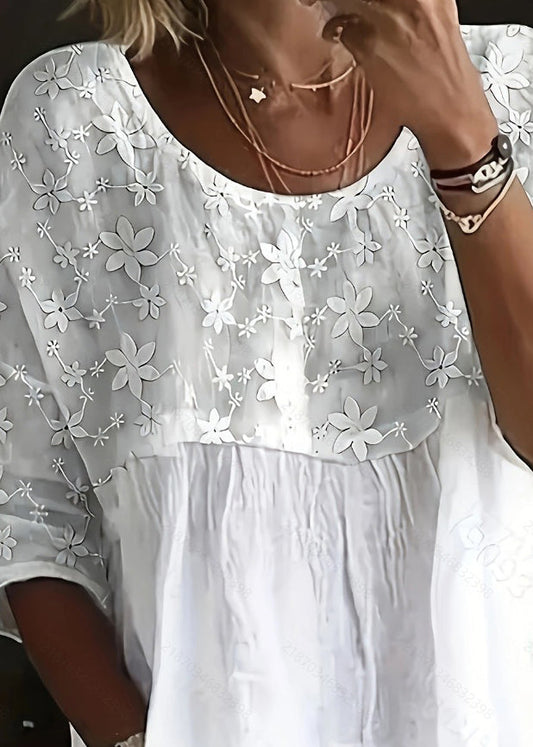 Casual White O Neck Floral Patchwork Cotton Top Summer
