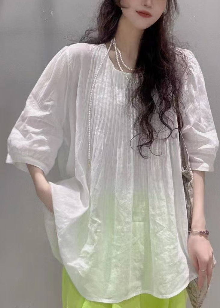 Casual White O-Neck Wrinkled Cotton Tops Summer