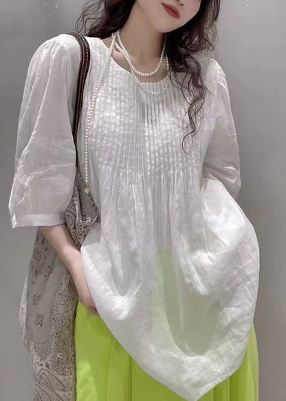 Casual White O-Neck Wrinkled Cotton Tops Summer