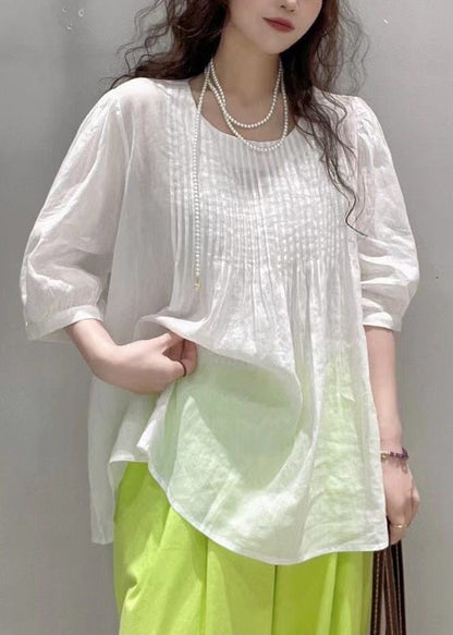 Casual White O-Neck Wrinkled Cotton Tops Summer