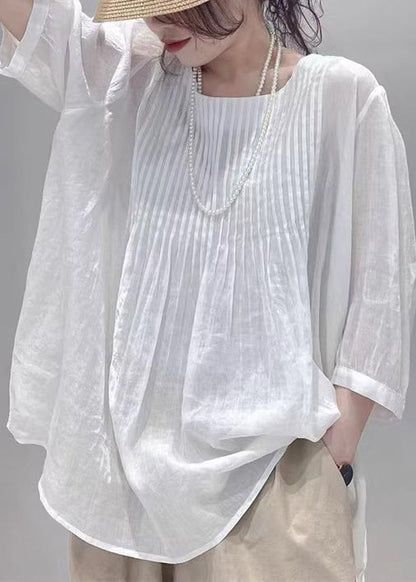 Casual White O-Neck Wrinkled Cotton Tops Summer