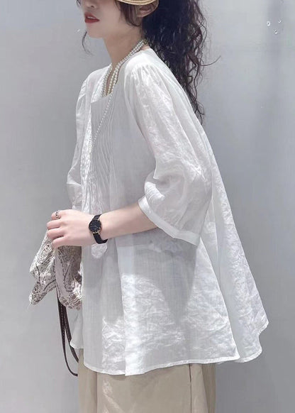 Casual White O-Neck Wrinkled Cotton Tops Summer