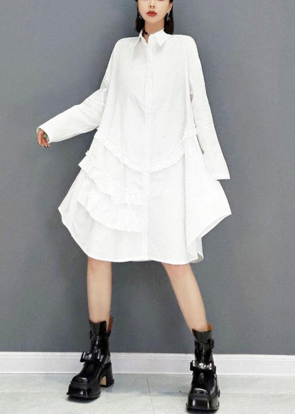 Casual White Peter Pan Collar Button Fall Long Sleeve Dresses - SooLinen
