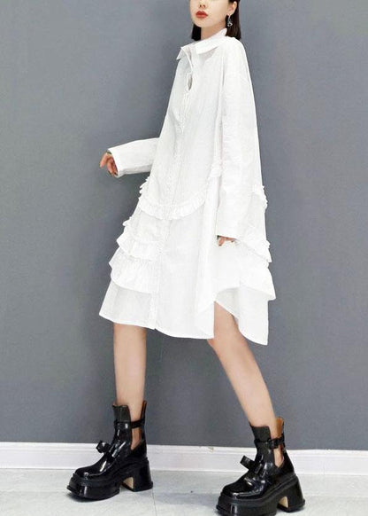 Casual White Peter Pan Collar Button Fall Long Sleeve Dresses - SooLinen