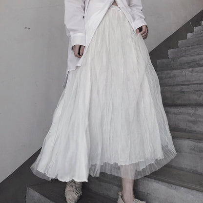 Casual White Pleated Double Layer Design Double Side Skirt - SooLinen