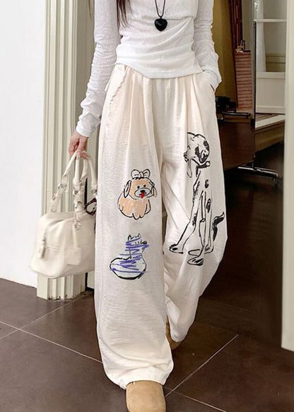 Casual White Pockets Graffiti Print Cotton Pants Fall